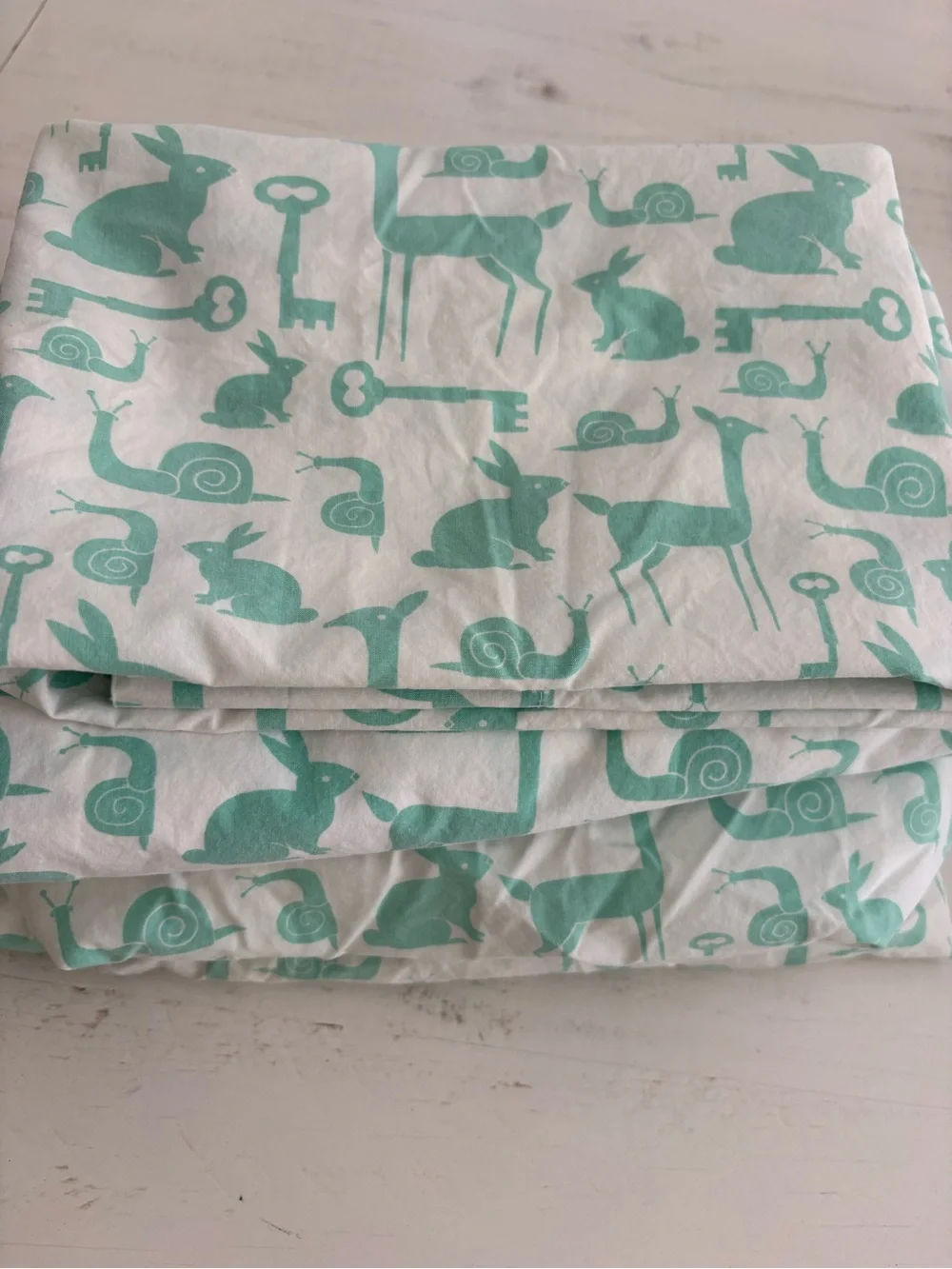 The Land of Nod Mint Green Animal & Key Print Cotton Sheet
